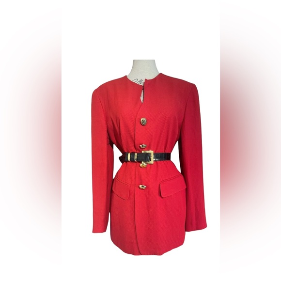 Vintage90s Carla Carini  statement red fitted blazer gold buttons classy  UK8 - Picture 2 of 11